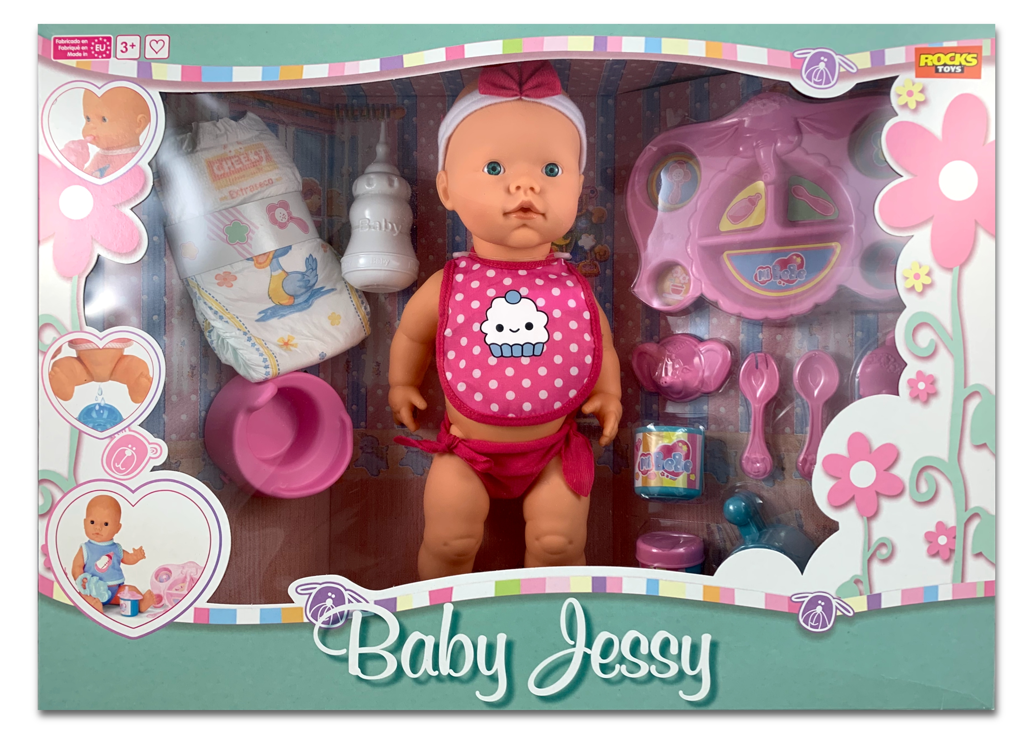 Baby Puppe Jessy mit viel Zubehör Größe 38 cm mit Trink- und Nässefunktion