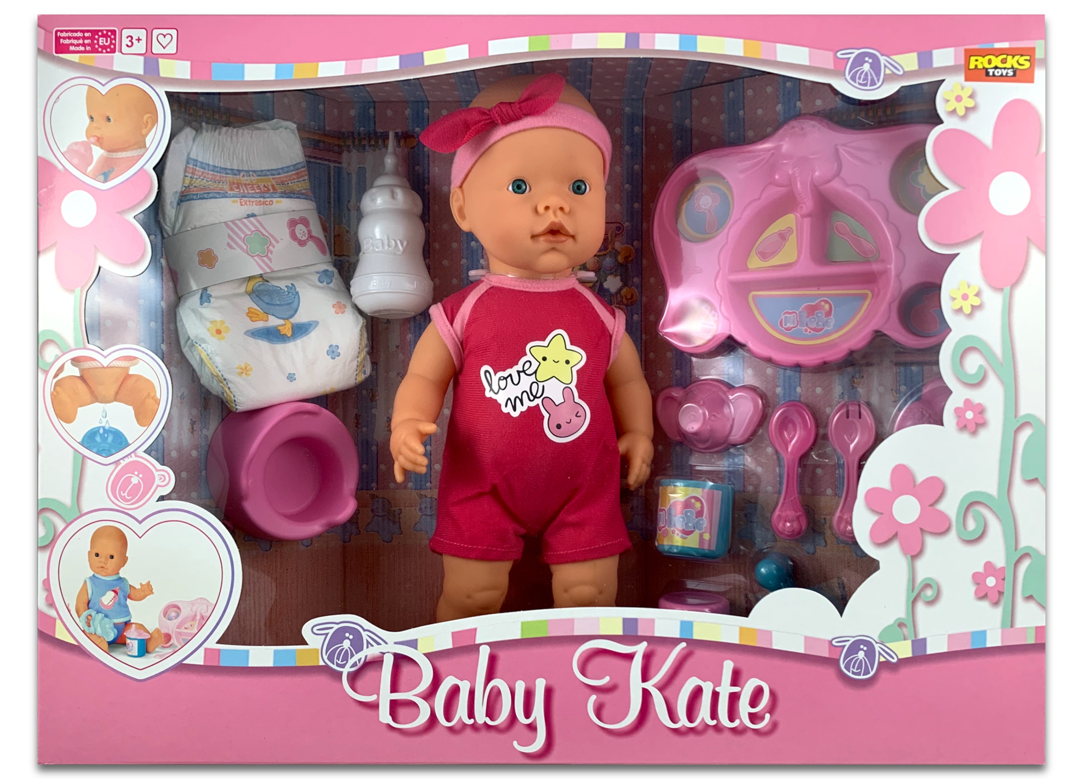 Baby Puppe Kate mit viel Zubehör Größe 38 cm mit Trink- und Nässefunktion