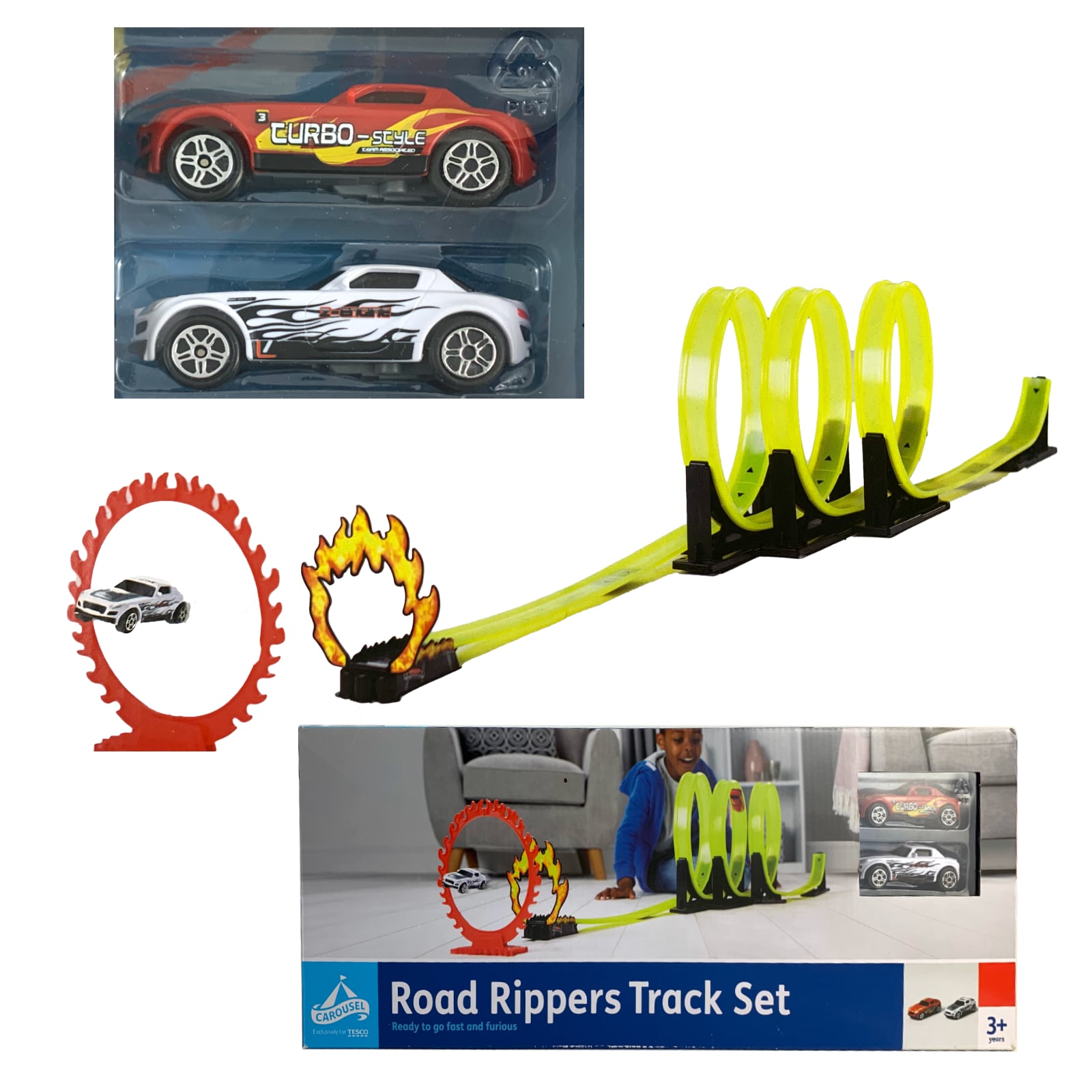 Looping Rennbahn Road Rippers Track Set mit Feuerreif und 2 Autos