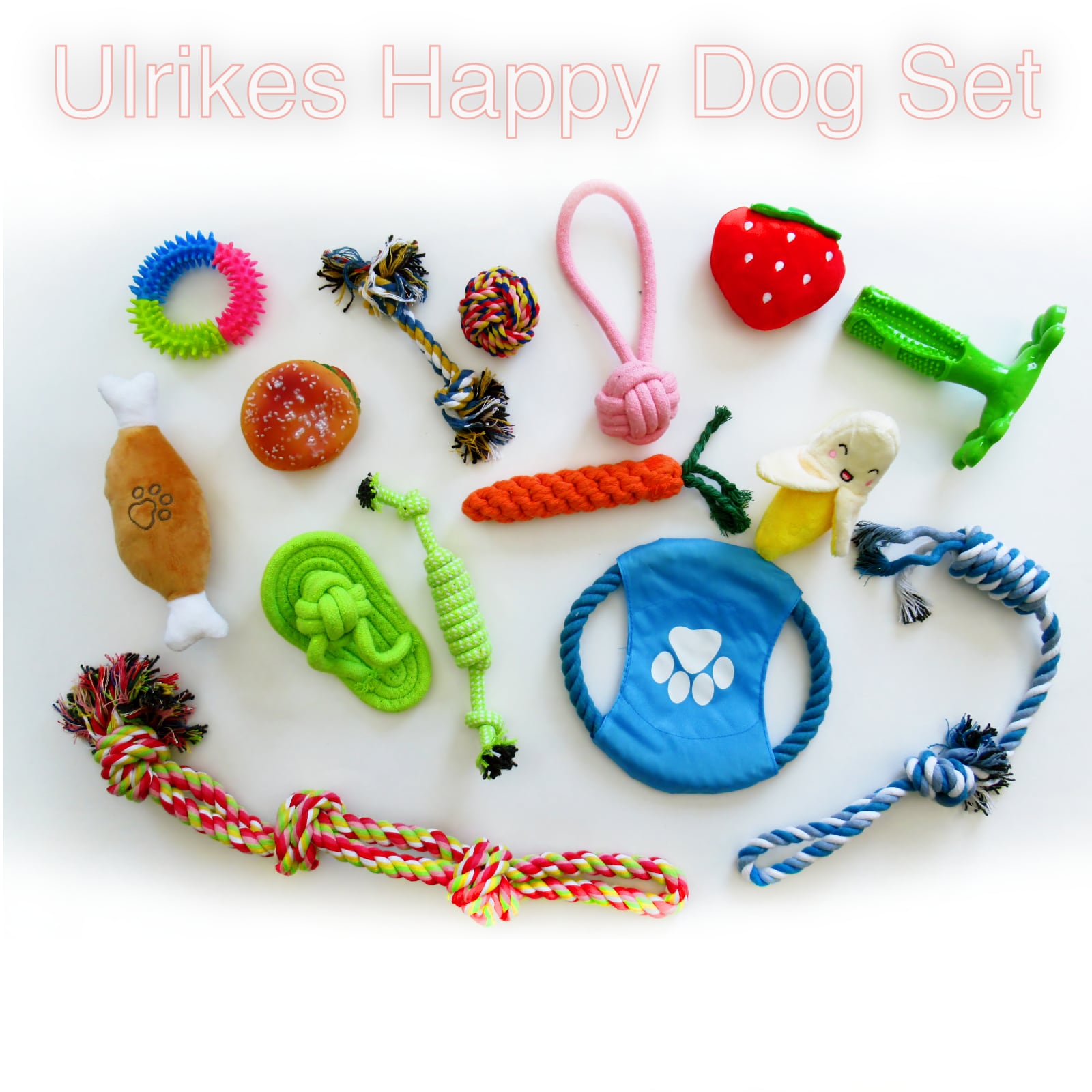 ulrikes_happy_dog_set_mit_text 15 teiliges Hundespielzeug Seil Frisbee Kauspielzeug