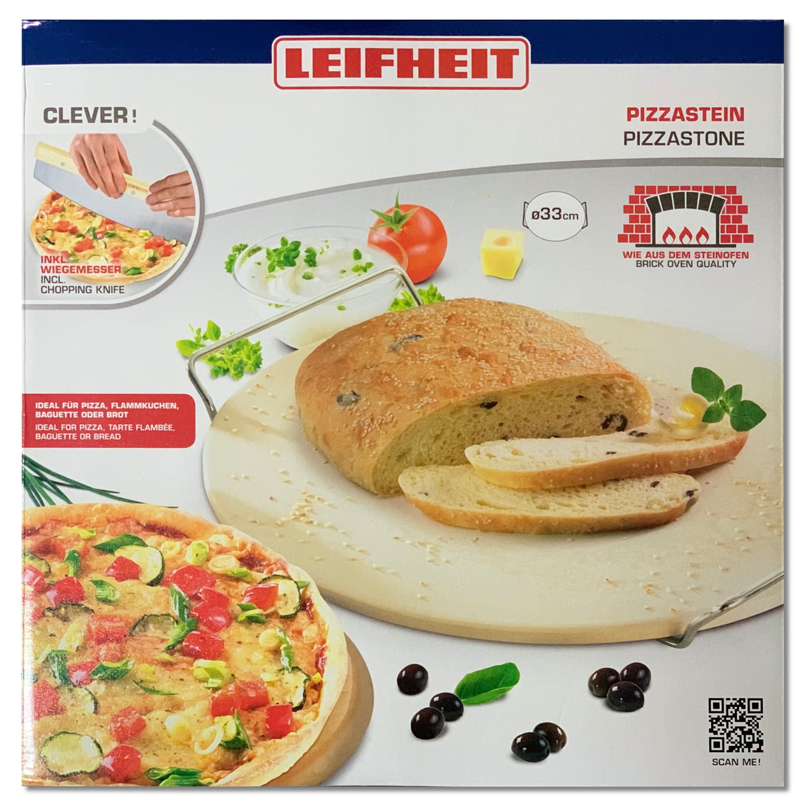pizzastein_box Pizzastein für den Backofen,33 cm Ø, inklusive Wiegemsser, Backstein rund
